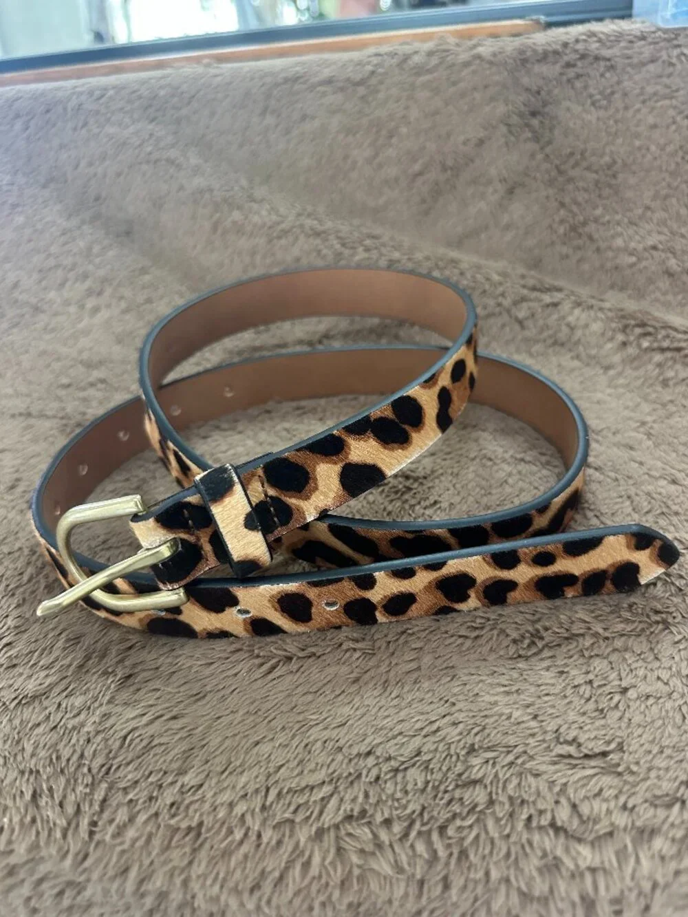 J.CREW Leopard Print Genuine Calf Hair Leather Belt, Gold-Tone Buckle, Size M/L